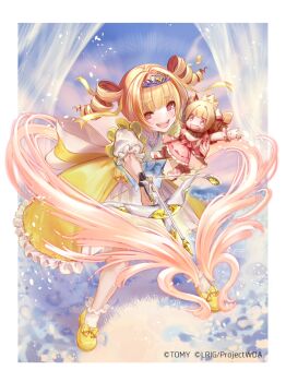 1girl blonde_hair bowgun character_doll copyright_notice doll dqn_(dqnww) dress drill_hair frilled_dress frills highres holding holding_bowgun holding_doll looking_at_viewer mary_janes medium_hair official_art open_mouth shoes solo teeth twin_drills upper_teeth_only white_background wixoss yaekiri_(wixoss) yellow_dress yellow_eyes yellow_shoes