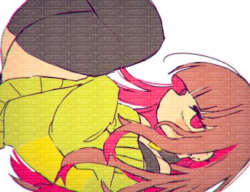 Rule 34 | 1girl, brown hair, chara (undertale), colored inner hair, genderswap, genderswap (otf), green sweater, highres, long hair, long sleeves, looking at viewer, mr0x0, multicolored hair, red eyes, striped clothes, striped sweater, sweater, tagme, too many watermarks, two-tone sweater, undertale, utdr (toby fox), watermark, watermark grid