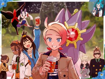 3boys 4girls :d absurdres ahoge beard black_jacket black_necktie blonde_hair blue_eyes blue_hoodie blush bracelet brown_jacket choker closed_eyes closed_mouth collared_shirt commentary_request cup dark-skinned_male dark_skin disposable_coffee_cup disposable_cup drinking_glass emma_(pokemon) facial_hair floette floette_(eternal) gen_1_pokemon gen_6_pokemon green_necktie green_shirt grin highres holding holding_cup hood hoodie jacket jett_(pokemon) jewelry legendary_pokemon lida_(pokemon) long_hair long_sleeves mable_(pokemon) multiple_boys multiple_girls naveen_(pokemon) necktie nintendo open_clothes open_jacket open_mouth orange_vest pokemon pokemon_(creature) pokemon_legends:_z-a shirt sidelocks smile star_(symbol) starmie sunglasses teeth topknot urbain_(pokemon) vest vinnie_(pokemon) white_jacket zuhoson zygarde zygarde_cell