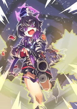 Rule 34 | 1girl, akaimame, ammunition, bag, blue archive, boots, bright pupils, commentary request, fabarm sdass, firing, garrison cap, gun, halo, haruka (blue archive), hat, highres, holding, holding gun, holding weapon, long hair, long sleeves, looking at viewer, muzzle flash, open mouth, pump action, purple boots, purple eyes, purple hair, purple halo, school bag, shirt, shotgun, shotgun shell, solo, sweat, weapon, white pupils