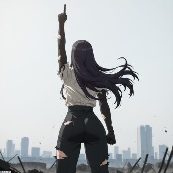 1girl arm_at_side ass black_gloves black_hair black_pants chainsaw_man city clenched_hand cloud cloudy_sky commentary cowboy_shot destruction elbow_gloves floating_hair from_behind gloves kre1van long_hair pants pointing pointing_up shirt sky solo tight_clothes tight_pants torn_clothes twitter_username white_shirt yoru_(chainsaw_man)