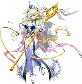 1girl bare_shoulders blonde_hair braid braided_ponytail breasts cleavage closed_mouth clothing_cutout crystal detached_sleeves dress energy energy_ball feathers fold-over_boots full_body game_cg gem glasses gloves green_eyes hair_ornament hat holding holding_staff holding_weapon ilia_(langrisser) langrisser langrisser_millenium_ws langrisser_mobile large_breasts leg_up long_dress long_hair looking_at_viewer low-tied_long_hair mage_staff magic multicolored_dress navel official_art outstretched_arm panties pink_straps ponytail puffy_sleeves purple_thighhighs red_gemstone revealing_clothes rimless_eyewear round_eyewear see-through_strap shoes sidelocks simple_background solo staff standing standing_on_one_leg strap swept_bangs tachi-e thighhighs third-party_source transparent_background underwear veil very_long_hair weapon white_gloves white_hat white_panties white_shoes white_veil