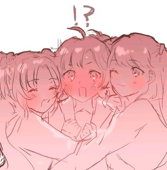 Rule 34 | !?, 3girls, :d, ;3, ^ ^, ahoge, anyoji hime, blush, closed eyes, commentary, fang, flower, fujishima megumi, full-face blush, girl sandwich, hair flower, hair ornament, hasu no sora school uniform, highres, hug, link! like! love live!, long hair, long sleeves, love live!, monochrome, multi-tied hair, multiple girls, one eye closed, open mouth, osawa rurino, parted bangs, pink theme, ponytail, sailor collar, sandwiched, school uniform, shiki 820, simple background, smile, surprise hug, surprised, twintails, two side up, virtual youtuber, white background, winter uniform