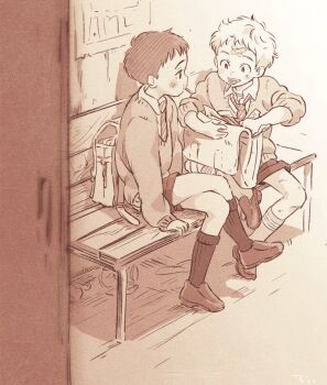 2boys 3ji backpack bag bandaid bandaid_on_face bench candy food kneehighs limited_palette lollipop lollipop_in_mouth male_focus multiple_boys original school_uniform shadow short_hair shorts shota sitting socks