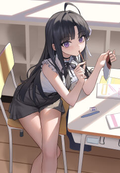 1girl absurdres ahoge awa_subaru bare_arms bare_legs bare_shoulders black_choker black_hair black_ribbon black_shorts black_skirt breasts center_frills chair choker classroom crossed_legs desk eating eraser feet_out_of_frame food food_in_mouth frilled_shirt frills girls_band_cry hair_intakes hair_ribbon high-waist_skirt highres holding holding_food indoors leaning_forward long_hair looking_at_viewer medium_breasts miniskirt mouth_hold neck_ribbon on_chair parted_bangs pocky purple_eyes ribbon school_desk shirt shirt_tucked_in shorts sidelocks sitting skirt sleeveless sleeveless_shirt solo thighs very_long_hair white_ribbon white_shirt xzu