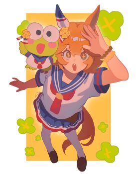 Rule 34 | + +, 1girl, animal ears, arm up, bead bracelet, beads, blue sailor collar, blue skirt, blush, blush stickers, border, bracelet, buck teeth, clover, clover hair ornament, commentary, cosplay, daruma doll, ear covers, english commentary, flipped hair, four-leaf clover, four-leaf clover hair ornament, frog, hair ornament, hasunoue keroppi, highres, horse ears, horse girl, horse tail, jewelry, kero kero keroppi, looking at viewer, mararu, matikanefukukitaru (rising fortune) (umamusume), matikanefukukitaru (umamusume), matikanefukukitaru (umamusume) (cosplay), neckerchief, open mouth, orange hair, outside border, pleated skirt, red neckerchief, sailor collar, sailor shirt, sanrio, school uniform, serafuku, shirt, shoes, short hair, short sleeves, simple background, single ear cover, skirt, smile, solo, standing, star-shaped pupils, star (symbol), symbol-shaped pupils, tail, teeth, thighhighs, umamusume, white border, white shirt, white thighhighs, yellow background