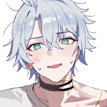 Rule 34 | 1boy, @ @, aqua eyes, black choker, blush, choker, collarbone, commentary, crew neck, crossed bangs, hazozoyaku, highres, honkai: star rail, honkai (series), male focus, neck tattoo, open mouth, phainon (honkai: star rail), shirt, simple background, smile, solo, sun symbol, sun tattoo, sweat, symbol-only commentary, tan, tattoo, white background, white hair, white shirt