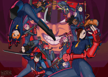 1boy 6+girls ak-47 aprile armband ass assault_rifle axe backless_leotard backlighting black_footwear black_pantyhose blonde_hair boots braid braided_ponytail breasts brown_hair computer dark-skinned_female dark_skin decapre dreadlocks drill_hair enero fevrier fighting_stance fingerless_gloves first_aid_kit gloves grey_pantyhose groin gun hair_between_eyes hair_over_one_eye harumaru hat highleg highleg_leotard highres holster japanese_text jianyu juli_(street_fighter) juni_(street_fighter) kalashnikov_rifle katana laptop leotard m._bison marz_(street_fighter) mask medium_breasts military_uniform monkey multiple_girls noembelu nunchaku orange_hair pantyhose peaked_cap pink_hair polearm ribbed_leotard rifle rope_dart santamu satsuki_(street_fighter) shadaloo_dolls sheng_biao_(weapon) short_hair skull_ornament small_breasts smile spear staff street_fighter street_fighter_zero_(series) sword teeth thigh_holster thighs weapon white_eyes xiayu