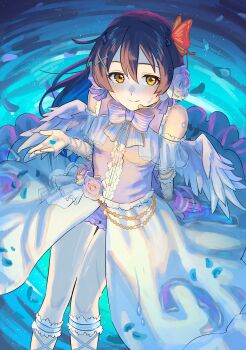 Rule 34 | 1girl, absurdres, bare shoulders, blue hair, blush, breasts, butterfly hair ornament, closed mouth, commentary, cupping hand, feet out of frame, hair ornament, highres, holding, holding petal, long hair, looking at viewer, love live!, love live! school idol festival, love live! school idol project, petals, purple shirt, purple shorts, shirt, shorts, sitting, sleeveless, sleeveless shirt, small breasts, smile, solo, sonoda umi, split mouth, tanaka yaku, white day (love live!), x hair ornament, yellow eyes
