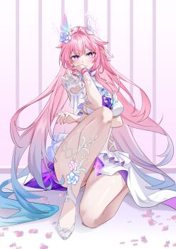 1girl absurdres aqua_hair breasts commentary_request cyrene_(honkai:_star_rail) cyrene_(ripples_of_past_reverie)_(honkai:_star_rail) diamond-shaped_pupils diamond_(shape) dress flower gradient_hair hair_flower hair_ornament high_heels highres honkai:_star_rail honkai_(series) large_breasts long_hair looking_at_viewer multicolored_hair pink_hair pointy_ears purple_eyes qingshi_(jntw5555) solo symbol-shaped_pupils thighs very_long_hair white_dress white_hair