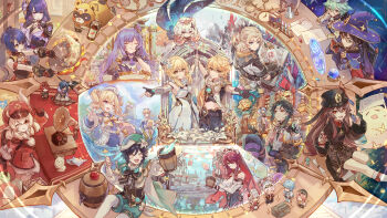 ^^^ ^_^ aether_(genshin_impact) ahoge albedo_(genshin_impact) alcohol animal_ears ball balloon barbara_(genshin_impact) barrel beachball beer bennett_(genshin_impact) black_bow black_hair blonde_hair blue_hair blush_stickers book bow bowtie bracelet brown_hair bunting cape chair chongyun_(genshin_impact) chopsticks clock closed_eyes commentary_request cooking crystal csyday diluc_(genshin_impact) diona_(genshin_impact) drooling eating erlenmeyer_flask everyone feather_hair_ornament feathers finger_to_mouth fire flask flower food ganyu_(genshin_impact) gate genshin_impact ghost glasses grass green_cape green_hair hair_between_eyes hair_ornament hand_on_own_chin hat highres hu_tao_(genshin_impact) jean_(genshin_impact) jewelry jolly_roger kaeya_(genshin_impact) keqing_(genshin_impact) klee_(genshin_impact) light_brown_hair long_hair lumine_(genshin_impact) magic magic_circle mona_(genshin_impact) mountain mouth_drool multicolored_hair musical_note necklace noelle_(genshin_impact) paimon_(genshin_impact) painting_(object) panda paper pearl_bracelet pearl_necklace pendant phonograph polearm potion purple_hair quill raiden_shogun red_hair rosaria_(genshin_impact) scroll see-through_clothes sitting sparkle spear stairs sucrose_(genshin_impact) sunglasses tail tankard tassel thumbs_up treasure_chest venti_(genshin_impact) vision_(genshin_impact) weapon white_hair witch_hat xiangling_(genshin_impact) xiao_(genshin_impact)