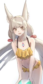 1girl absurdres amausa_subee animal_ear_fluff animal_ears bikini breasts chest_jewel core_crystal_(xenoblade) cowboy_shot frilled_bikini frills grey_hair highres long_hair low_twintails nia_(xenoblade) simple_background small_breasts solo swimsuit twintails white_background xenoblade_chronicles_(series) xenoblade_chronicles_2 yellow_bikini