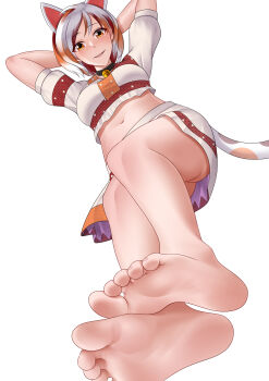 1girl absurdres animal_ears arms_up barefoot bell calico_(pattern) cat_ears cat_girl cat_tail crop_top feet foot_focus foreshortening goutokuji_mike highres jingle_bell looking_at_viewer maneki-neko medium_skirt midriff multicolored_hair multicolored_shirt multicolored_skirt multicolored_tail neck_bell oirin orange_eyes patch patchwork_clothes short_hair short_sleeves simple_background skirt soles solo stomach streaked_hair tail toes touhou white_background white_hair