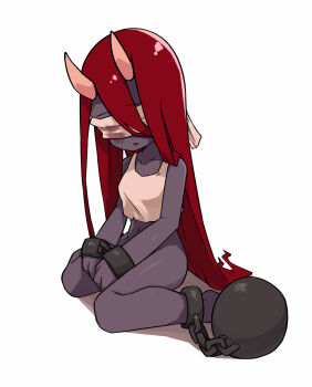 1girl ball_and_chain_restraint blind blindfold blood blood_stain commentary cuffs dark-skinned_female dark_skin demon_girl english_commentary hair_between_eyes handcuffs highres horns lilith_(the_binding_of_isaac) long_hair navel no_panties red_hair simple_background solo tank_top the_binding_of_isaac white_background white_tank_top yellowparrot