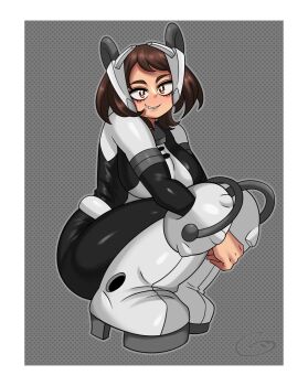 1girl alternate_color black_bodysuit bodysuit boku_no_hero_academia breasts brown_eyes brown_hair ghostichino grey_bodysuit hero_outfit_(mha) large_breasts matching_hair/eyes multicolored_bodysuit squatting superhero_costume superheroine_costume uraraka_ochako uraraka_ochako_(hero_outfit) white_bodysuit