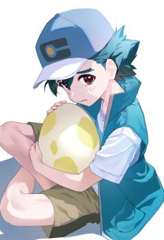 1boy absurdres alternate_color alternate_world_ash_ketchum aqua_vest blue_hat brown_eyes brown_shorts commentary_request egg hair_between_eyes hat highres holding holding_egg korean_commentary male_focus nintendo open_clothes open_vest parted_lips pokemon pokemon_(anime) pokemon_egg pokemon_journeys pokesudal sad shirt short_hair short_sleeves shorts sitting solo tearing_up vest