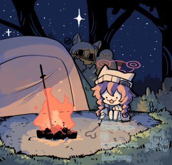 1other 2girls artist_logo artist_name beanie blue_archive braid brown_hat campfire clenched_teeth drawing_(action) halo hat holding holding_stick instagram_username logo maki_(blue_archive) maki_(camp)_(blue_archive) multiple_girls mute_speaker_sign nazomaki_(blue_archive) night outdoors phallic_symbol red_hair red_halo seia_(blue_archive) sitting sky star_(sky) starry_sky stick teeth tent twin_braids twitter_username watermark whitydragon