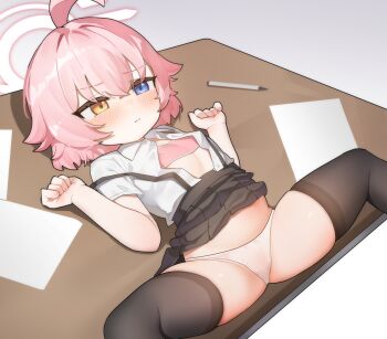 1girl aged_down ahoge black_skirt black_thighhighs blue_archive blue_eyes blush bra closed_mouth collared_shirt commentary desk flat_chest freehoney halo hands_up heterochromia highres hoshino_(blue_archive) loli lying miniskirt on_back on_desk open_clothes open_shirt panties pink_bra pink_hair pink_halo revision shirt short_hair short_sleeves sitting skindentation skirt solo spread_legs suspender_skirt suspenders thighhighs underwear white_panties white_shirt yellow_eyes