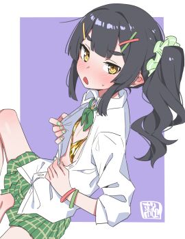 akari_(raigou) blouse border bow commentary_request elf gold_bra green_bow green_skirt hair_ornament hair_scrunchie hairclip highres open_mouth original partially_unbuttoned plaid_clothes plaid_skirt pointy_ears purple_background raigou scrunchie seal_impression shirt side_ponytail sidelocks simple_background skirt thick_eyebrows white_border white_shirt x_hair_ornament yellow_eyes