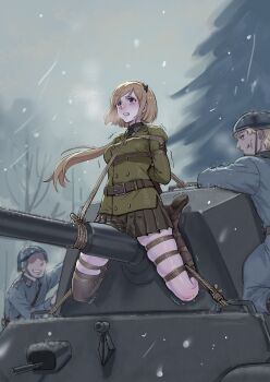 1girl 2boys absurdres arms_behind_back bdsm belt black_socks black_thighhighs blazer blonde_hair bondage bound breasts brown_necktie clenched_teeth combat_helmet fallschirmhelm frogtie german_army girls&#039;_frontline green_shirt helmet highres jacket long_hair m3_(girls&#039;_frontline) medium_breasts military_combat_uniform military_uniform military_vehicle motor_vehicle multiple_boys necktie open_mouth outdoors pleated_skirt purple_eyes restrained root001 separated_legs shibari shibari_over_clothes shirt shoes single_sock single_thighhigh skindentation skirt snowing socks soldier tank teeth thighhighs very_long_hair wehrmacht winter