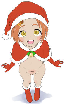 1girl christmas flat_chest gloves hat idolmaster idolmaster_cinderella_girls looking_at_viewer looking_up navel nipples pussy red_gloves ryuzaki_kaoru santa_cape santa_costume santa_hat solo takku