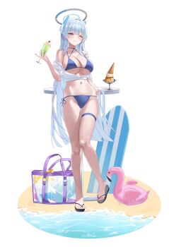 1girl absurdres alternate_costume bikini blue_archive blue_bikini blush breasts cropped_jacket drink grin halo hido88 highres holding holding_drink jacket large_breasts navel noa_(blue_archive) open_clothes open_jacket purple_eyes sandals smile solo stomach swimsuit white_hair white_halo white_jacket