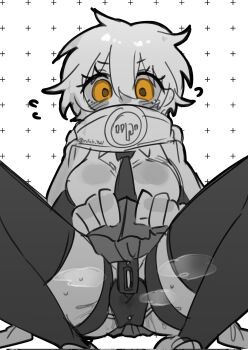 1girl black_thighhighs breasts chastity_belt commentary_request don_quixote_(project_moon) highres index_(identity)_(project_moon) korean_commentary large_breasts limbus_company long_sleeves looking_at_viewer miniskirt monochrome necktie pleated_skirt pmchell_04 project_moon pussy_juice short_hair simple_background sketch skirt spread_legs squatting steam thighhighs