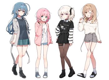 4girls ahoge aqua_skirt belt black_belt black_bow black_choker black_pantyhose black_shirt black_shoes black_skirt black_socks blue_eyes blue_hair blue_shoes bow breasts brown_hair choker coat commentary denim denim_shorts english_commentary full_body grey_coat grey_shorts hair_bow hair_ornament high-waist_shorts highres hood hoodie jellyfish_cut jewelry kawai_momoka_(orphaneater_io) layered_sleeves long_sleeves looking_at_viewer mole mole_under_eye multiple_girls necklace off-shoulder_sweater off_shoulder open_clothes open_coat open_hoodie original orphaneater_io pantyhose pendant pink_hair pink_hoodie plaid_clothes plaid_skirt pleated_skirt purple_eyes red_eyes ring see-through_pantyhose shirt shoes short_over_long_sleeves short_shorts short_sleeves shorts side-by-side side_ponytail simple_background skirt sneakers socks striped_sleeves sweater sweater_partially_tucked_in t-shirt v white_background white_hair white_shirt white_shoes white_socks white_sweater wing_collar x_hair_ornament yellow_eyes
