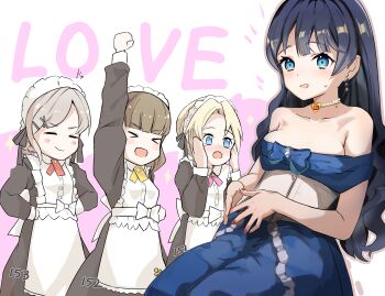 >_< 4girls :d absurdres apron black_dress blonde_hair blue_bow blue_dress blue_eyes blue_hair blush bow breasts ceras_yanagida_lilienfeld cho_toutoi_love closed_eyes collarbone commentary_request curtained_hair doyagao dress dress_bow earrings fang fang_out frilled_apron frills grey_hair hair_ornament heart heart_necklace highres jewelry juliet_sleeves kachimachi_kosuzu link!_like!_love_live! llb long_hair long_sleeves love_live! maid maid_apron master_and_servant medium_breasts mole mole_on_neck multiple_girls murano_sayaka necklace off-shoulder_dress off_shoulder official_alternate_costume open_mouth osawa_rurino pink_background puffy_sleeves smile smug sweatdrop v-shaped_eyebrows virtual_youtuber wavy_hair white_apron x_hair_ornament xd