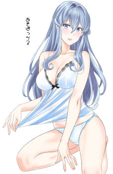 1girl babydoll blue_eyes blue_hair breasts cleavage commentary_request feet_out_of_frame gotland_(kancolle) hair_between_eyes hair_down highres kantai_collection large_breasts long_hair mole mole_under_eye panties simple_background solo takase_asagiri translation_request underwear white_babydoll white_background white_panties