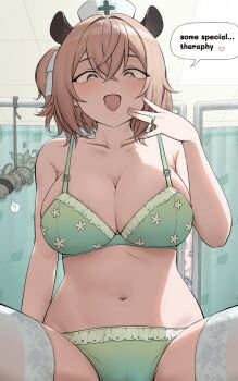 1girl animal_ears bra breasts brown_hair cleavage curtains english_text green_eyes hat highres indie_virtual_youtuber jewelry navel nimi_nightmare nimi_nightmare_(tapir) nurse_cap panties ring sameko_saba sanwanton tapir_ears tapir_girl thighhighs underwear virtual_youtuber