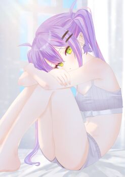 1girl barbell_piercing bare_shoulders barefoot bed belt blurry blurry_background breasts commentary crop_top demon_girl double-parted_bangs ear_piercing foot_out_of_frame from_side fuji_nichijou green_eyes hair_intakes hair_ornament hairclip head_tilt highres hololive hugging_own_legs industrial_piercing long_hair looking_at_viewer multicolored_hair navel navel_piercing on_bed parallel_hairclips parted_lips piercing pink_hair pointy_ears purple_hair shorts sidelocks sitting small_breasts solo stomach streaked_hair symbol-only_commentary thick_eyelashes thighs tokoyami_towa tokoyami_towa_(cyberpunk) turning_head twintails two-tone_hair virtual_youtuber white_background window
