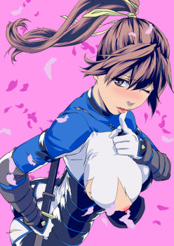 1girl ;d areola_slip blush bodysuit breasts brown_eyes brown_hair commentary_request dead_or_alive dead_or_alive_6 female_focus finger_to_mouth gloves hair_ribbon high_ponytail index_finger_raised kasumi_(doa) large_breasts lips ninja nipples one_eye_closed open_mouth petals pink_background ponytail ribbon sheath sheathed skin_tight smile solo thighs torn_clothes white_gloves wxp yellow_ribbon