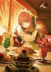 Rule 34 | 1girl, apron, blurry, blurry foreground, blush stickers, braid, ceiling light, closed mouth, commentary, curtains, dress, food, fork, green eyes, hands up, highres, holding, holding fork, holding knife, ice cream, ice cream float, indoors, kagenoyuhi, knife, long hair, long sleeves, maid, maid apron, maid headdress, omelet, omurice, original, pasta, plate, pudding, side braid, sitting, solo, spaghetti, symbol-only commentary, table, white apron