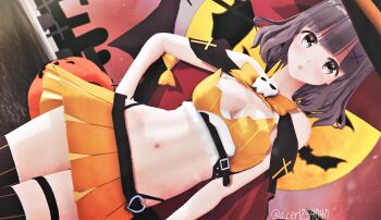 1girl 3d :o absurdres acer1234040 bat_(animal) black_hat black_thighhighs breasts brown_eyes brown_hair commentary cowboy_shot crop_top dutch_angle full_moon hair_ornament halloween hand_on_own_hip hat highres looking_at_viewer medium_breasts microskirt moon navel night off-shoulder_shirt off_shoulder open_mouth orange_shirt orange_skirt original outdoors pleated_skirt shirt short_hair skirt solo standing thighhighs twitter_username witch_hat x_hair_ornament