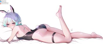 1girl absurdres ahoge arched_back ass backless_leotard bare_arms bare_shoulders barefoot bed_sheet bikini black_leotard blue_eyes bluesky_username blush bow breasts closed_mouth commentary densetsu.exe email_address english_commentary from_side front-tie_bikini_top front-tie_top full_body gradient_hair green_hair hair_bow hair_ornament hairclip highleg highleg_leotard highres hugging_object kemonomimi_mode leg_up leotard looking_at_viewer lying maid_headdress median_furrow mint_fantome mole mole_on_ass multicolored_hair on_stomach patreon_username pillow pillow_hug playboy_bunny pointy_ears rabbit_tail seductive_smile sideboob simple_background small_breasts smile solo strapless strapless_leotard swimsuit syxh tail thigh_strap triangular_headpiece twitter_username virtual_youtuber white_background white_hair x_hair_ornament