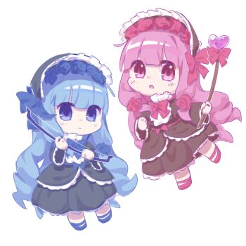Rule 34 | 2girls, :o, alternate costume, alternate hairstyle, black bonnet, black dress, blue bow, blue bowtie, blue eyes, blue flower, blue rose, blue shoes, bonnet, bow, bow (weapon), bowtie, colored lineart, commentary request, dress, drill hair, expressionless, flower, frilled bonnet, frilled dress, frilled sleeves, frills, heart wand, highres, holding, holding bow (weapon), holding wand, holding weapon, kotonoha akane, kotonoha aoi, lolita fashion, low-tied sidelocks, multiple girls, pink bow, pink bowtie, pink eyes, pink flower, pink hair, pink rose, pink shoes, plume (pixiv 106530054), rose, shoes, siblings, sidelocks, sisters, voiceroid, waist bow, wand, weapon