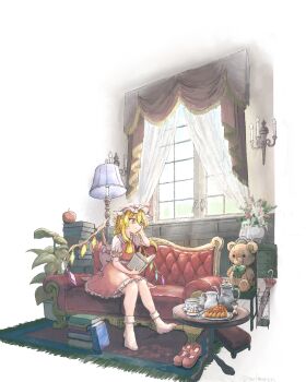 1girl apple ascot blonde_hair book book_stack closed_mouth commentary_request couch crystal_wings cup curtains expressionless flandre_scarlet folded_umbrella food frills fruit hat head_rest highres holding holding_book indoors medium_hair mob_cap molmaron on_couch pie pie_slice reading red_eyes red_shoes red_skirt red_vest scenery shirt shoes short_sleeves side_ponytail sitting skirt socks solo stuffed_animal stuffed_toy sugar_cube tea teacup teapot touhou twitter_username unworn_shoes vampire vase vest white_shirt white_socks window wings yellow_ascot