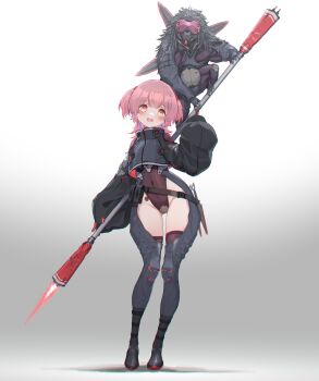 1girl absurdres belt blush covered_navel crop_top full_body highres holding holding_staff kunai leotard leotard_under_clothes looking_at_viewer medium_hair monkey oota_youjo original pink_hair science_fiction smile staff two_side_up weapon wide_hips yellow_eyes