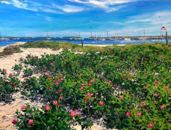 american_flag beach blue_sky boat bush cloud commentary day english_commentary flag flower highres kate_avery no_humans oil_painting_(medium) original outdoors painting_(medium) red_flower sailboat scenery sky traditional_media watercraft