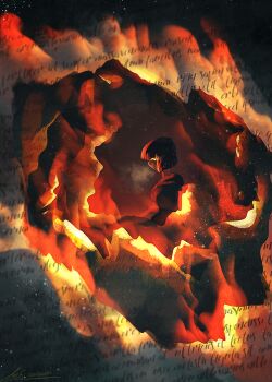 1girl black_hair black_hoodie bob_cut burning burning_paper burnt calligraphy from_above hood hood_down hoodie original painterly revealing_layer short_hair solo upper_body zandra