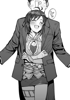 Rule 34 | 1boy, 1girl, antenna hair, blush, breasts, cleavage, cleavage cutout, closed eyes, clothing cutout, cowboy shot, faceless, faceless male, floral (idolmaster), greyscale, hetero, highres, idolmaster, idolmaster (classic), jacket, kikuchi makoto, lapels, monochrome, navel, navel cutout, notched lapels, open clothes, open jacket, open mouth, producer (idolmaster), short hair, simple background, smile, standing, suit jacket, sweatdrop, tsurui, white background