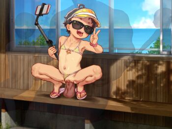 1girl 3boys bench bikini bikini_bottom_aside black_hair cellphone censored clothing_aside faceless faceless_male flat_chest flip-flops hetero highres invisible_man kurotsuki_(luowei99) loli micro_bikini mosaic_censoring multiple_boys navel one-piece_tan one_eye_closed open_mouth original penis phone pussy sandals scrunchie selfie selfie_stick sex short_hair sitting smartphone star_(symbol) sunglasses swimsuit tan tanline tongue tongue_out v vaginal visor_cap window wrist_scrunchie yellow_bikini