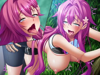 ahegao bra bra_pull breasts breasts_out clothed_sex clothes_pull cum cum_on_body doggystyle female_focus game_cg green_eyes kawamura_yoshino large_breasts pink_hair sex sex_from_behind shihai_no_kyoudan_2 underwear workout_clothes