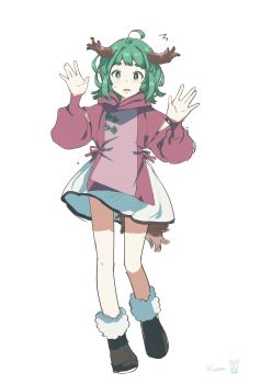 1girl animal_ears artist_name black_boots blush boots commentary_request dog_ears dog_tail dress full_body fur_boots green_eyes green_hair hands_up highres kasodani_kyouko kumateya legs long_sleeves medium_hair parted_lips pink_dress solo surprised tail thighs touhou two-tone_dress white_dress