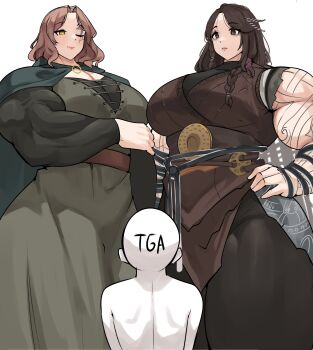 Rule 34 | 1boy, 2girls, absurdres, alternate breast size, bald, braid, breasts, brown hair, cape, cleavage, crossover, dress, elden ring, expressionless, freya (god of war), giant, giantess, god of war, highres, huge breasts, large breasts, long hair, mature female, melina (elden ring), multiple girls, musctonk, muscular, muscular female, one eye closed, scar, scar across eye, scar on face, size difference, smile, standing, tall female, tall female short male, the game awards