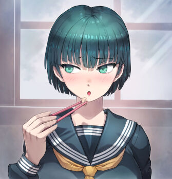 1girl aged_down eating fubuki_(kancolle) mogudan one-punch_man school_uniform solo