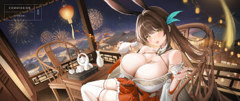 1girl 2025 aerial_fireworks animal_ears architecture artist_name bare_shoulders blush breasts brown_hair building chair cleavage commentary commission cup dress dutch_angle east_asian_architecture feather_hair_ornament feathers fireworks hair_intakes hair_ornament hand_up haruri highres holding holding_cup huge_breasts japanese_clothes kimono kimono_skirt lantern long_hair looking_at_viewer nail_polish night night_sky off_shoulder open_mouth original outdoors pouring pouring_onto_self red_nails red_skirt sitting skirt sky solo table teacup thighhighs thighs vase very_long_hair white_kimono white_thighhighs wooden_chair wooden_table yellow_eyes