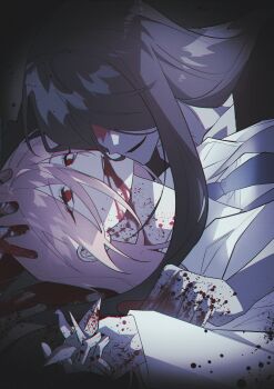 1boy 1girl absurdres adashino_adami bbabbamis2 black_hair blood blood_from_mouth blood_on_face blood_on_hands commentary_request hand_on_another&#039;s_head hetero highres homicipher korean_commentary long_hair lying mr._crawling on_back origami paper_crane pink_hair raincoat red_eyes ringed_eyes white_raincoat