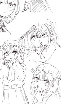 Rule 34 | 2girls, :<, bag, black hat, blush, closed mouth, collared shirt, dress, hair between eyes, hand on own face, hat, highres, holding, holding bag, imminent kiss, kashiwada kiiho, long dress, long sleeves, maribel hearn, medium hair, mob cap, monochrome, multiple girls, necktie, open mouth, puff of air, scarf, shirt, short hair, sketch, sleeve cuffs, sweater, touhou, usami renko, white background, white hat, white shirt, winter clothes